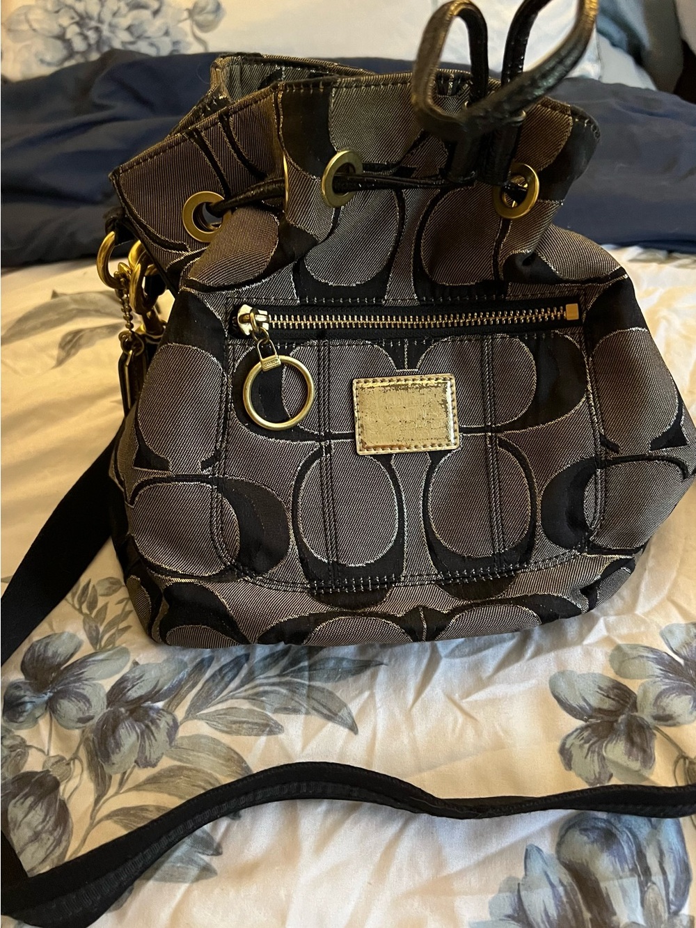 Coach Black and Gray Signature Drawstring Shoulder Bag
